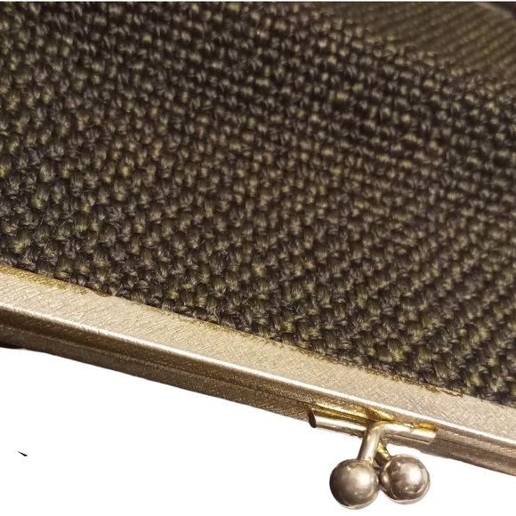 Vintage JR Fabric Wool Tweed Woven Black Purse Clutch Gold Pattern Lining - Picture 4 of 9